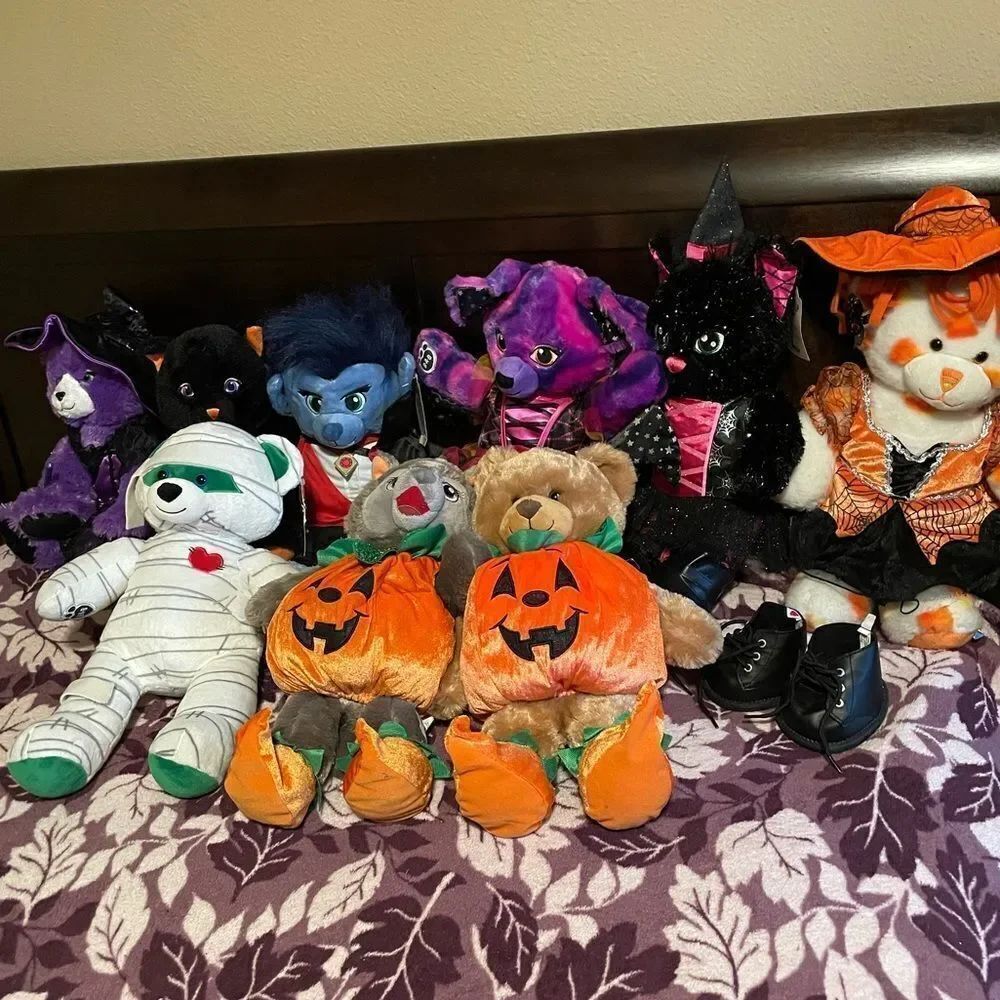 Build a Bear Halloween Mummy Dracula Cat Witches Pumpkin Bears Lot of 9